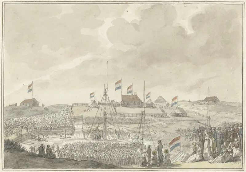 Het leggen van de eerste steen voor de grote sluis te Katwijk, 7 augustus 1805 Wall Art by Franciscus Andreas Milatz - High-Resolution Digital Print