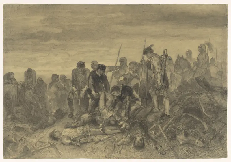 Het lijk van Richard III, koning van Engeland, gevonden op het slagveld van Bosworth, 1485 Wall Art by Charles Rochussen - High-Resolution Digital Print