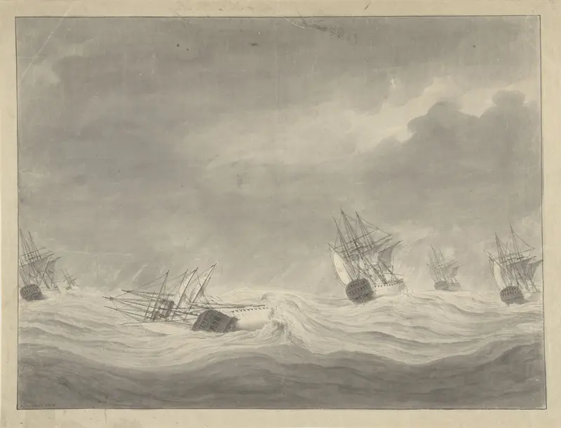 Het vergaan van het schip De Unie onder kapitein Graaf van Welderen op de Noordzee, 19 oktober 1782 Wall Art by Unknown - High-Resolution Digital Print