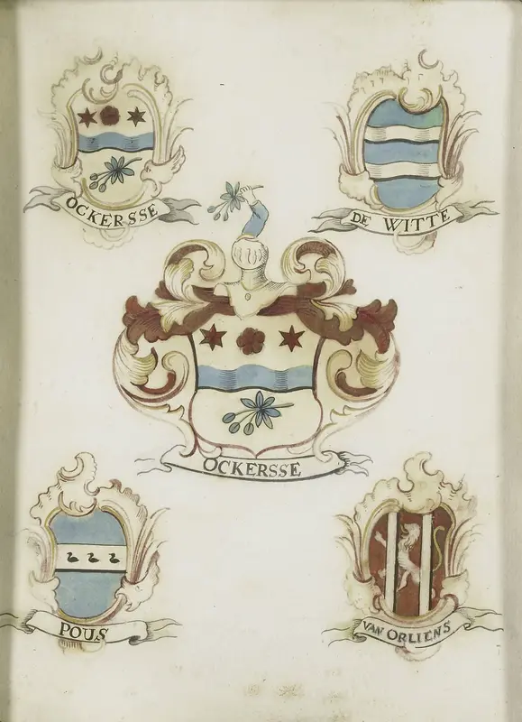 Het wapen van een vrouwelijk lid van de familie Ockersse, gehuwd met van Gelre en moeder van Anna Digna van Gelre, met de wapens van haar vier grootouders Wall Art by anonymous - High-Resolution Digital Print