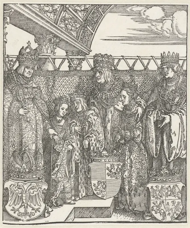 Het Weense dubbelhuwelijk: Maximiliaan bespreekt met de koning van Hongarije en zijn broer de huwelijken tussen hun (klein)kinderen Wall Art by Albrecht Dürer - High-Resolution Digital Print