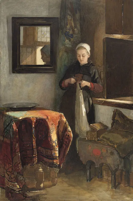 'Het zonnige hoekje': jonge vrouw in een kamer te Hindelopen Wall Art by Unknown - High-Resolution Digital Print