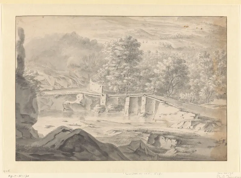 Heuvelachtig landschap met een bruggetje over een rivier Wall Art by Philips Augustijn Immenraet - High-Resolution Digital Print