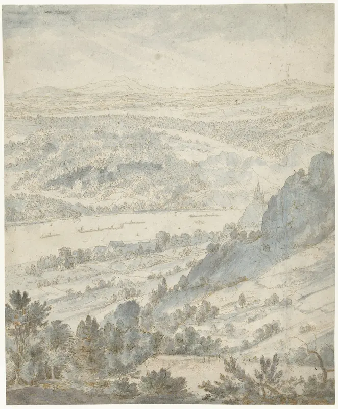 Heuvelachtig landschap met een dorp aan een rivier Wall Art by Roelant Savery - High-Resolution Digital Print