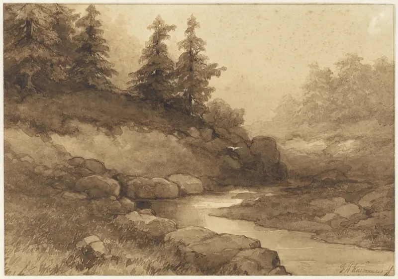 Heuvelachtig landschap met een rivier Wall Art by Unknown - High-Resolution Digital Print