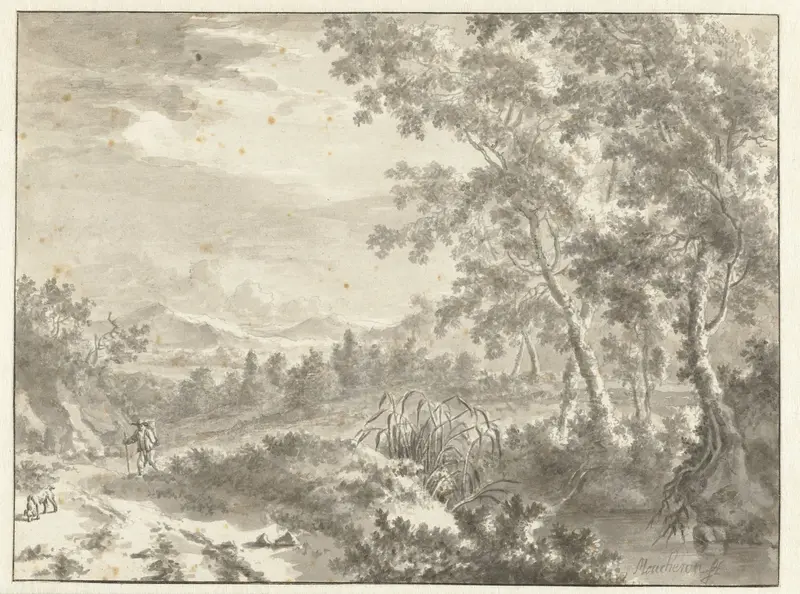 Heuvelachtig landschap met hoge bomen en een reiziger Wall Art by Frederik de Moucheron - High-Resolution Digital Print