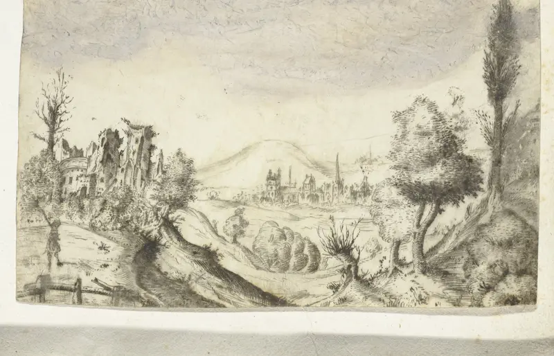 Heuvelachtig landschap met jager en ruïne Wall Art by anonymous - High-Resolution Digital Print