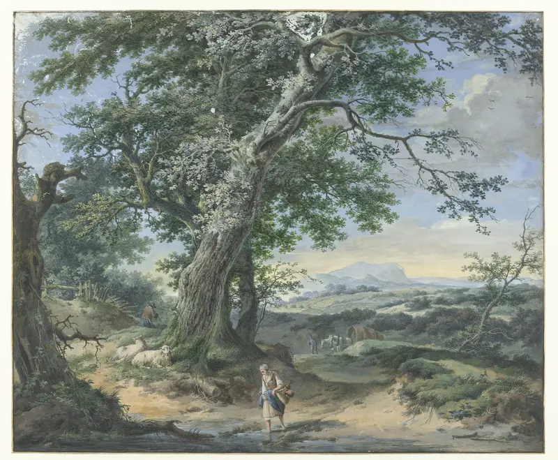 Heuvelachtig landschap met zware bomen en menselijke stoffage Wall Art by Pieter Pietersz. Barbiers - High-Resolution Digital Print
