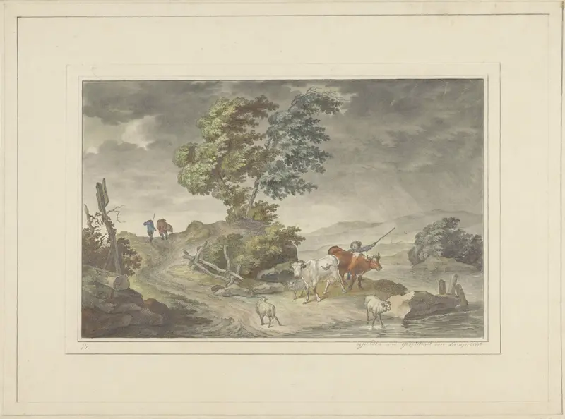 Heuvelig landschap met veeherder en wandelaars bij dreigende hemel Wall Art by Unknown - High-Resolution Digital Print