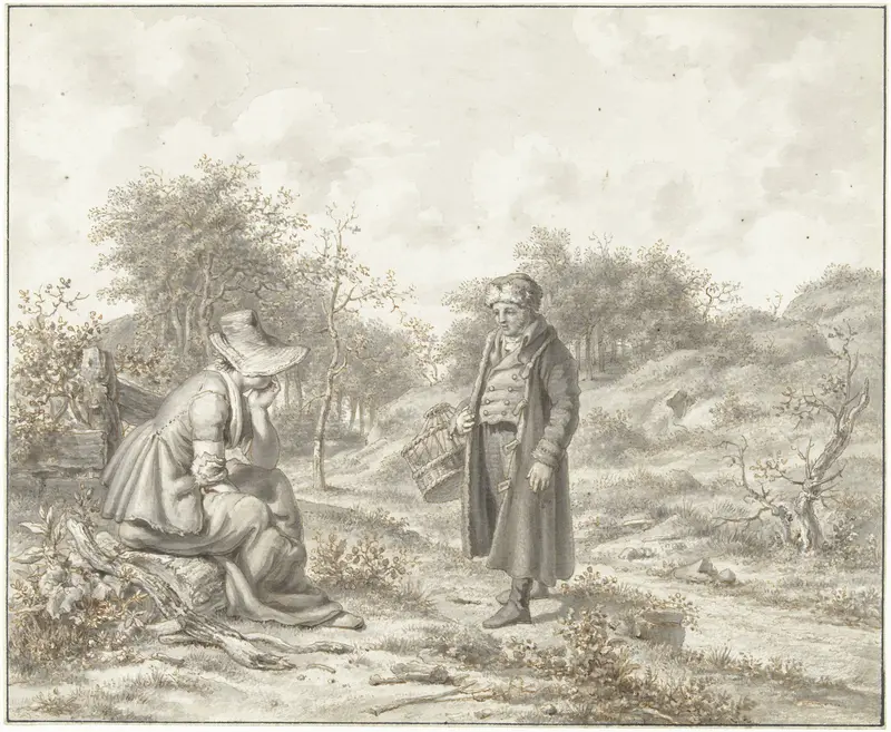 Heuvelig landschap met zittende vrouw en staande man met korf Wall Art by Jacob Ernst Marcus - High-Resolution Digital Print