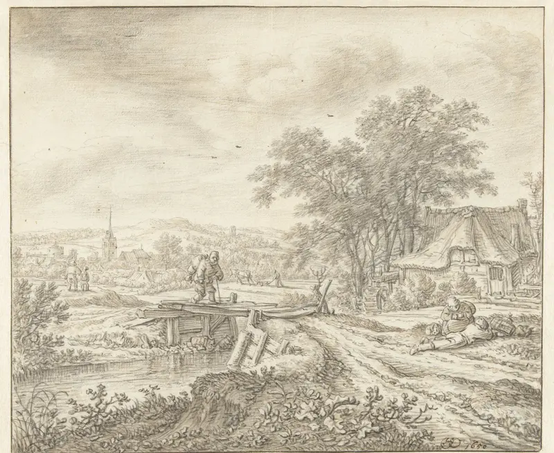 Heuvellandschap met een boerderij bij een bruggetje Wall Art by Herman Saftleven - High-Resolution Digital Print