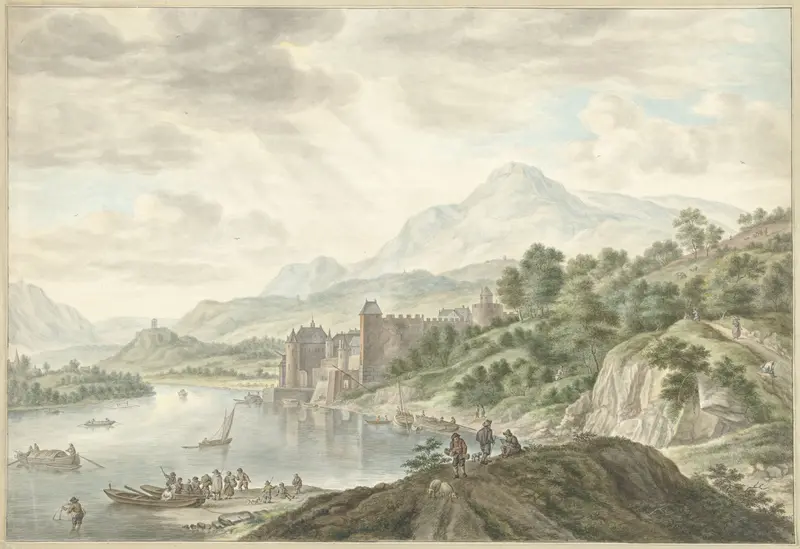 Heuvellandschap met een kasteel aan een rivier Wall Art by Abraham Delfos - High-Resolution Digital Print