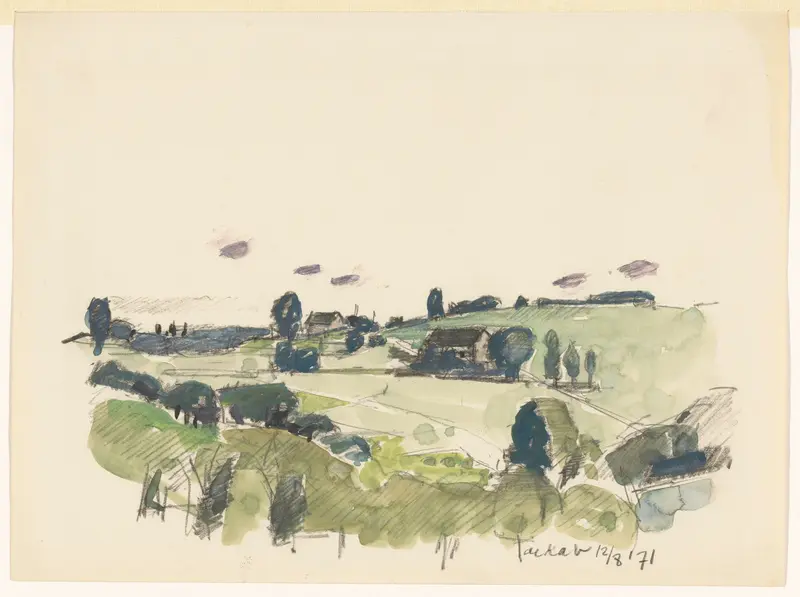 Heuvellandschap met enkele huizen in de Auvergne Wall Art by Unknown - High-Resolution Digital Print