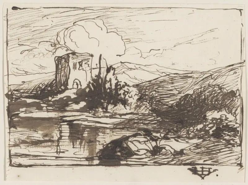 Heuvellandschap met vervallen toren aan een waterkant Wall Art by Huib van Hove Bz - High-Resolution Digital Print