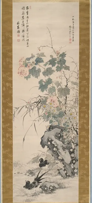 Hibiscus and Magpies Wall Art by Baiitsu Yamamoto - High-Resolution Digital Print