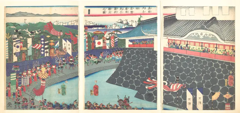 Hideyoshi and His Troops Leaving Nagoya Camp (Mashiba Hideyoshi kō nagoya jin saki te no shoshō kuridashi no zu) Wall Art by Tsukioka Yoshitoshi - High-Resolution Digital Print