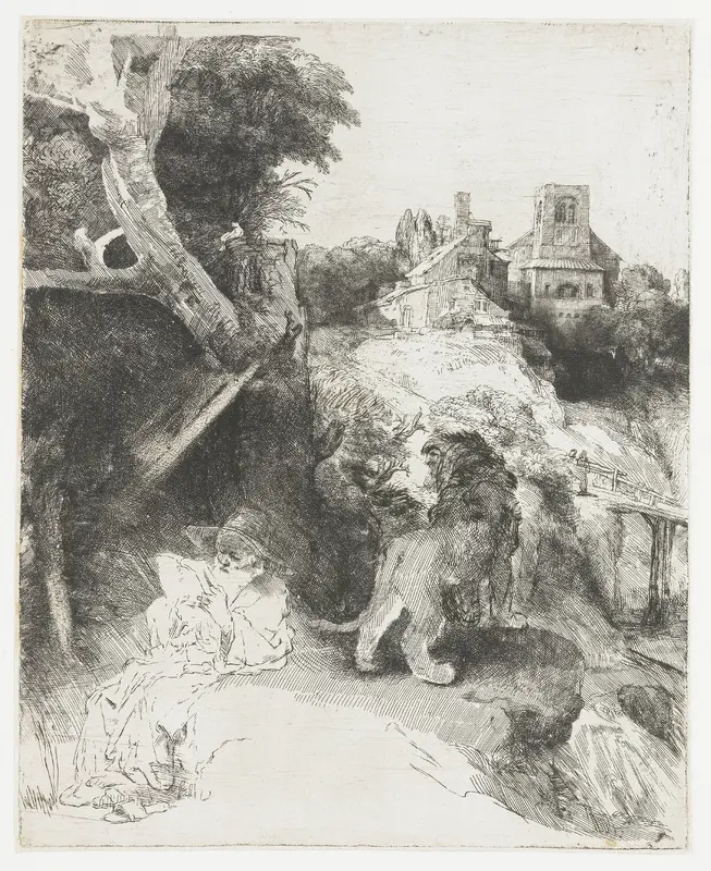 Hieronymus, lezend in een Italiaans landschap Wall Art by Rembrandt van Rijn - High-Resolution Digital Print