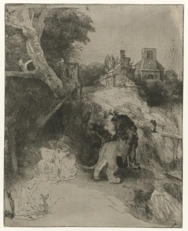 Hiëronymus lezend in een Italiaans landschap Wall Art by Rembrandt van Rijn - High-Resolution Digital Print