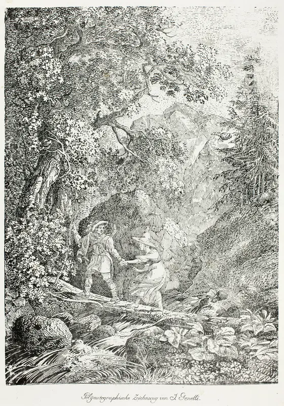 Hiker Crossing Over a Mountain Stream on a Tree Trunk with a Woman Wall Art by Janus Genelli - High-Resolution Digital Print