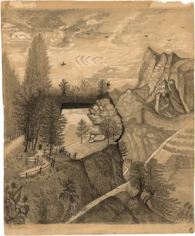 Hikers climbing up to a Mountain Chalet Wall Art by Henri Rousseau - High-Resolution Digital Print