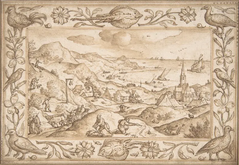 Hilly Coastal Landscape with Hunters, with an elaborate border of Fishes and Birds Wall Art by Hans Bol - High-Resolution Digital Print