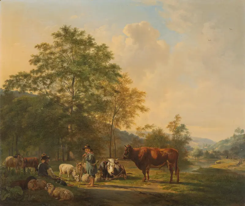 Hilly Landscape with Shepherd, Drover and Cattle Wall Art by Pieter Gerardus van Os - High-Resolution Digital Print