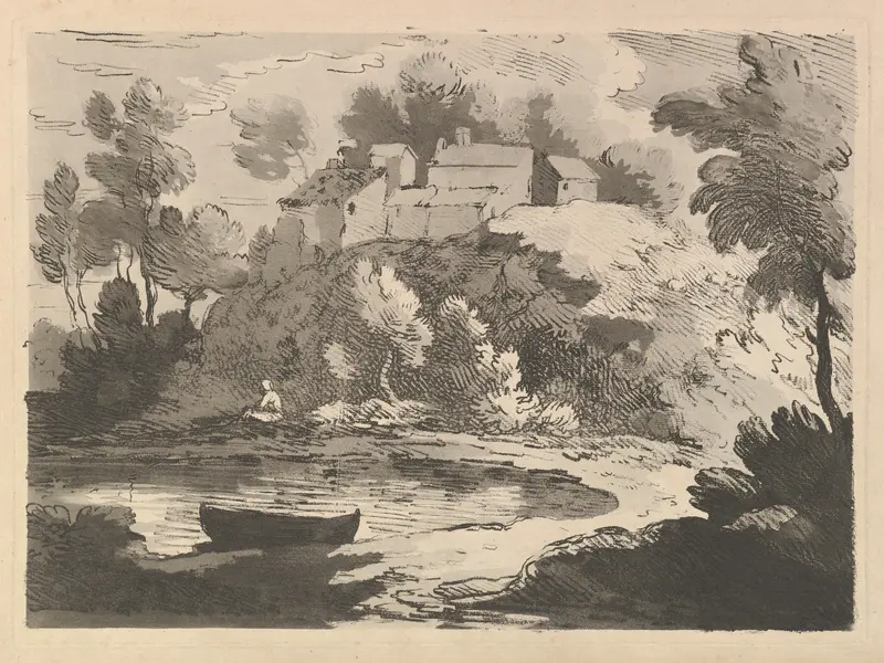 Hilly River Landscape, a Boat in the Water at Foreground Left, a Figure on the Far Shore, Houses on a Wooded Hill Beyond Wall Art by Thomas Rowlandson - High-Resolution Digital Print