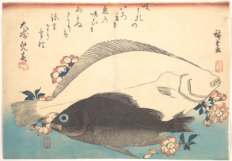 Hirame and Mebaru Fish with Cherry Blossoms, from the series Uozukushi (Every Variety of Fish)