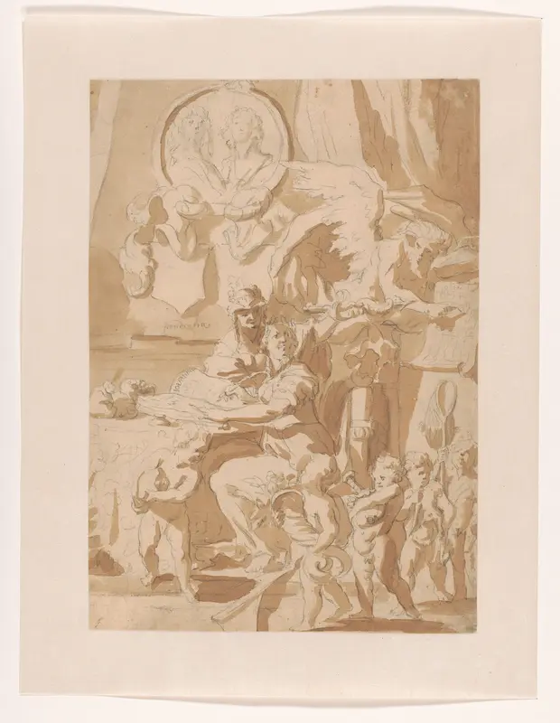 Historia schrijft in haar journaal, bijgestaan door Prudentia en Chronos Wall Art by Unknown - High-Resolution Digital Print