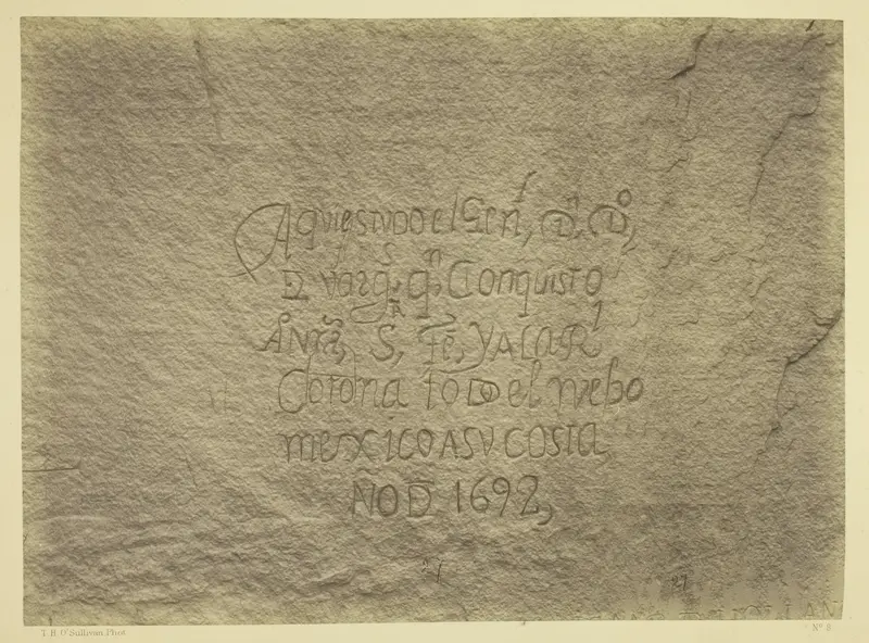 Historic Spanish Record of the Conquest, South Side of Inscription Rock, N.M. Geographical & Geological Explorations & Surveys West of the 100th Meridian. Expedition of 1873. -Lieut. Geo. M. Wheeler, Corps. of Engineers, Commanding.
