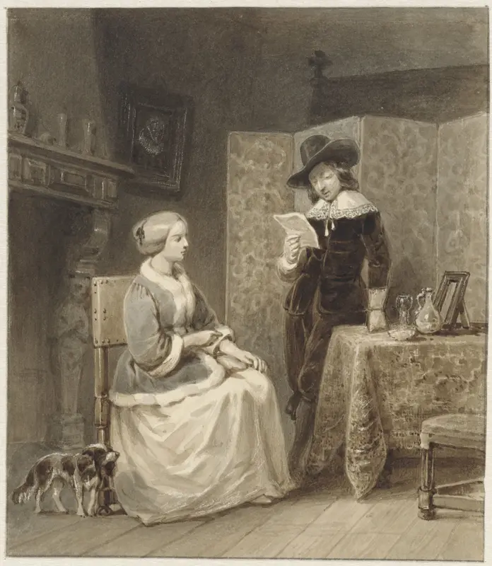 Historisch interieur met zittende vrouw en staande, lezende man Wall Art by Willem Pieter Hoevenaar - High-Resolution Digital Print