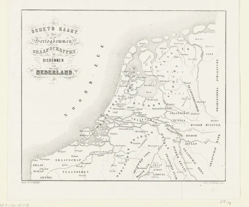 Historische kaart van de hertogdommen, graafschappen en bisdommen van Nederland Wall Art by anonymous - High-Resolution Digital Print
