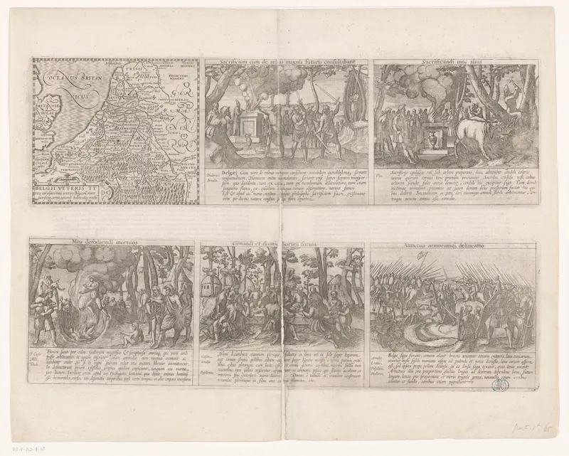 Historische kaart van de Nederlanden met afbeeldingen van het dagelijkse leven van de Germanen Wall Art by Pieter van der Keere - High-Resolution Digital Print