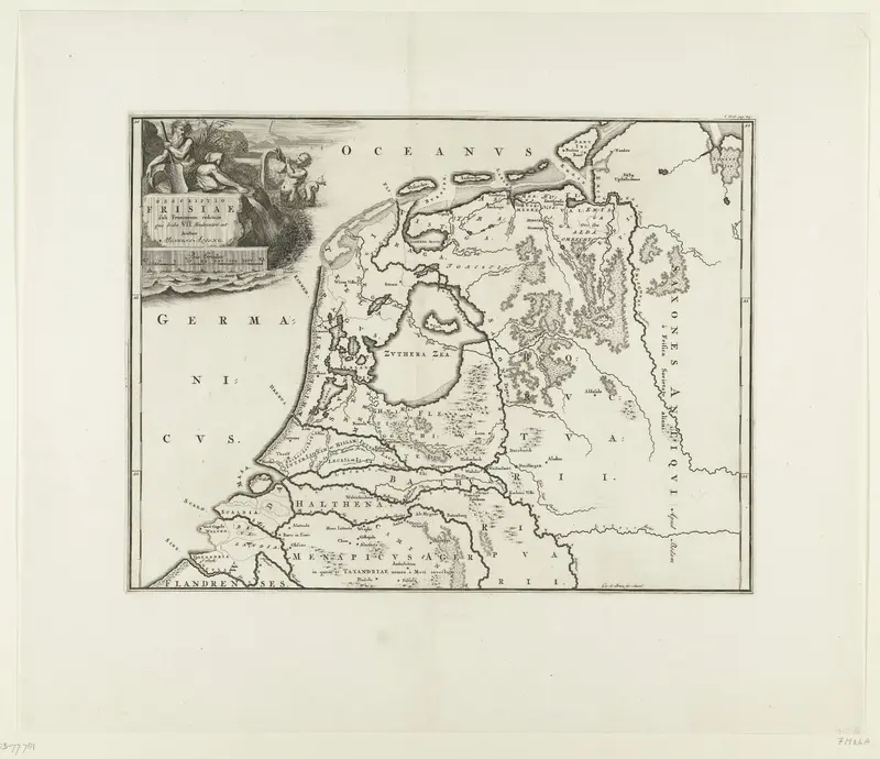 Historische kaart van Nederland met de gebieden van de Bataven en Friezen Wall Art by Unknown - High-Resolution Digital Print