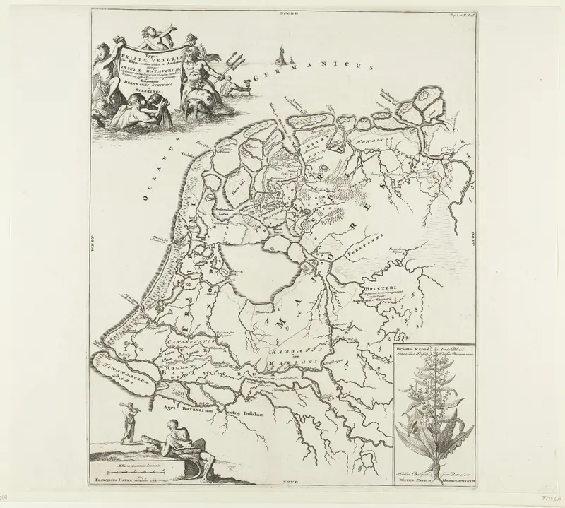 Historische kaart van Nederland met de gebieden van de Bataven en Friezen Wall Art by Caspar Luyken - High-Resolution Digital Print