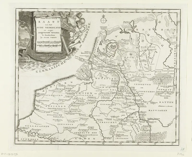 Historische kaart van Nederland met de gebieden van de Bataven en Friezen Wall Art by anonymous - High-Resolution Digital Print