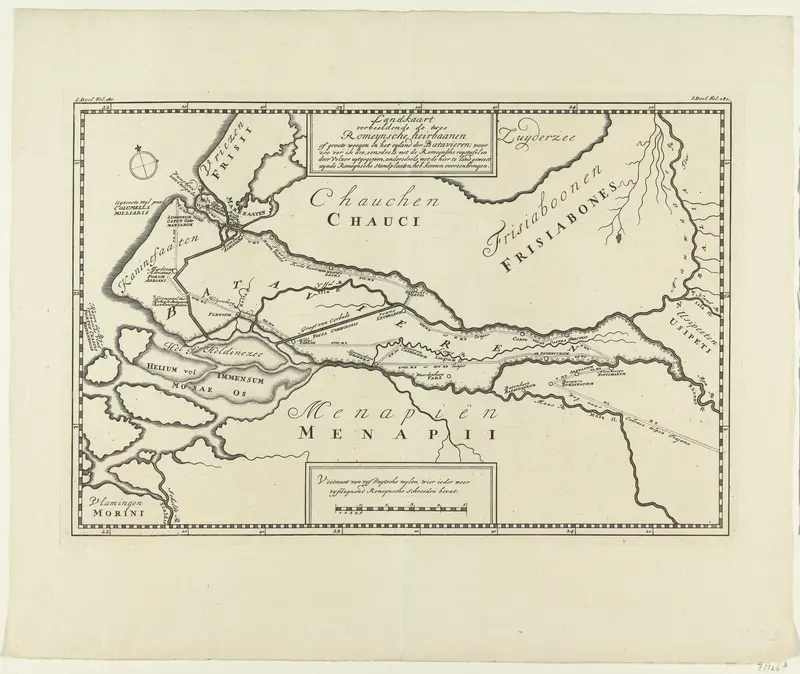 Historische kaart van Nederland met de Romeinse heerbanen Wall Art by anonymous - High-Resolution Digital Print