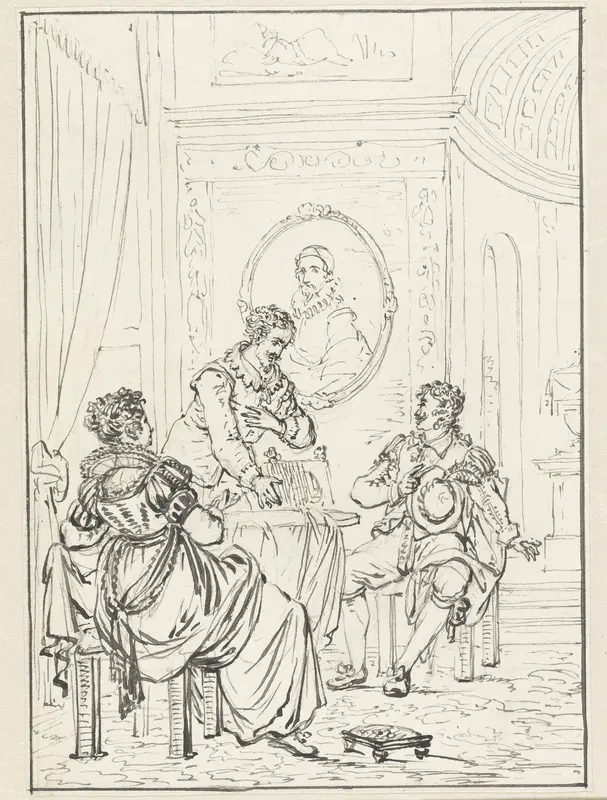 Historische scène met interieur met drie personen Wall Art by Pieter Bartholomeusz. Barbiers - High-Resolution Digital Print
