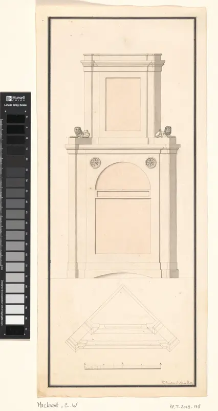 Hoekkast met twee leeuwen, vooraanzicht met daaronder een doorsnede Wall Art by Unknown - High-Resolution Digital Print