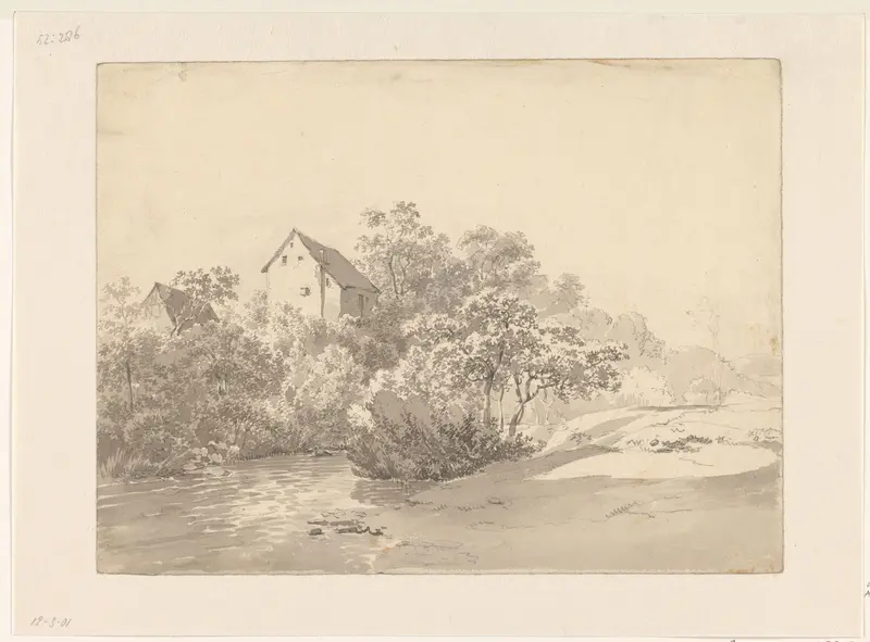 Hoge huizen in het hout, boven een water Wall Art by Unknown - High-Resolution Digital Print