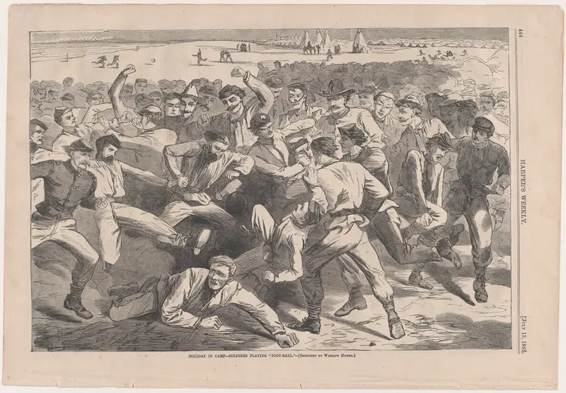 Holiday in Camp – Soldiers Playing "Foot-Ball" – Sketched by Winslow Homer (from "Harper's Weekly," Vol. IX) Wall Art by Winslow Homer - High-Resolution Digital Print