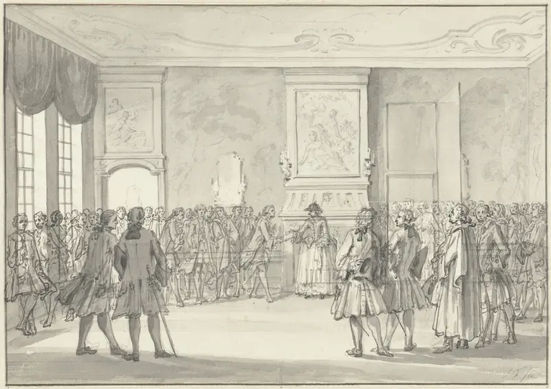 Hollandse kooplieden overhandigen prinses Anna een klaagschrift over de Engelse aanvallen, 1758 Wall Art by Simon Fokke - High-Resolution Digital Print
