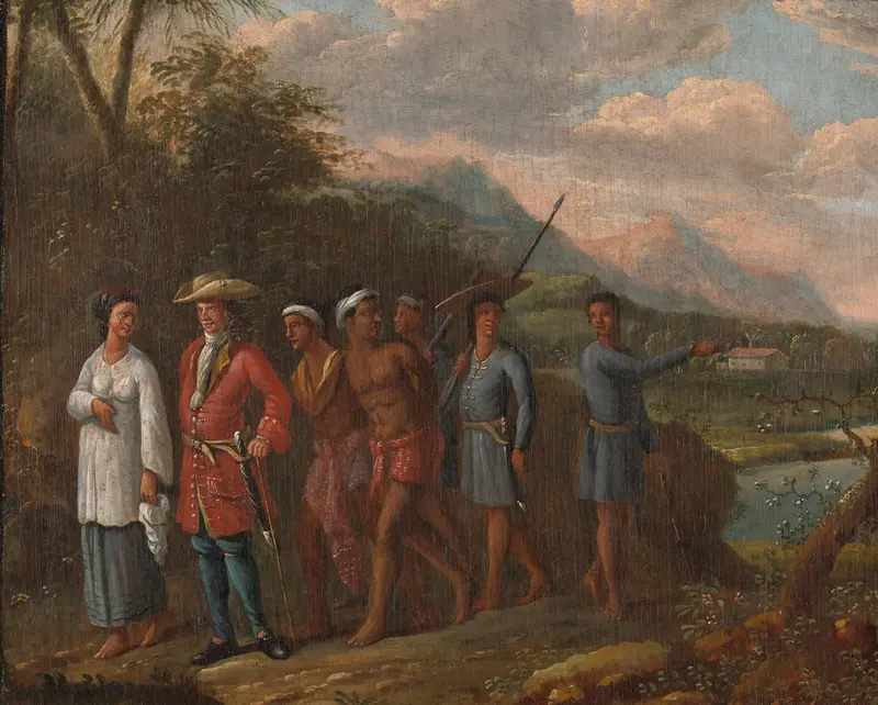 Hollandse koopman met twee tot slaaf gemaakte mannen in heuvellandschap Wall Art by anonymous - High-Resolution Digital Print