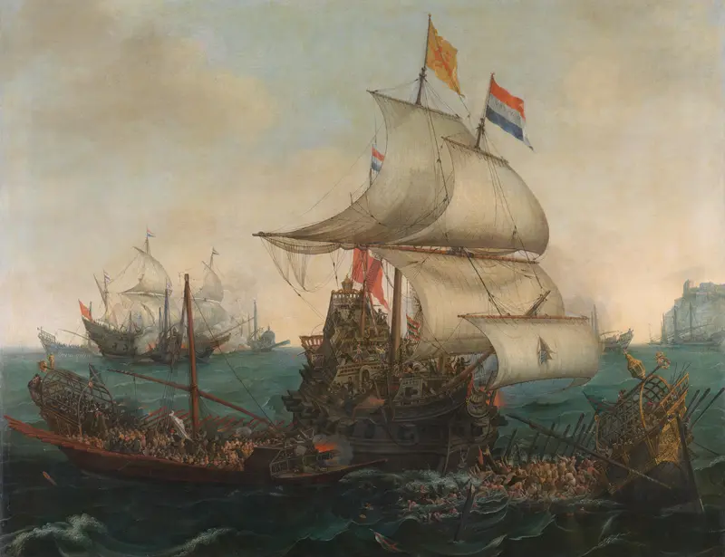 Hollandse schepen overvaren Spaanse galeien bij Calais, 3 oktober 1602 Wall Art by Hendrick Cornelisz Vroom - High-Resolution Digital Print