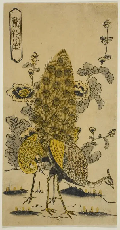 Hollyhocks and Peacocks (Aoi ni kujaku)