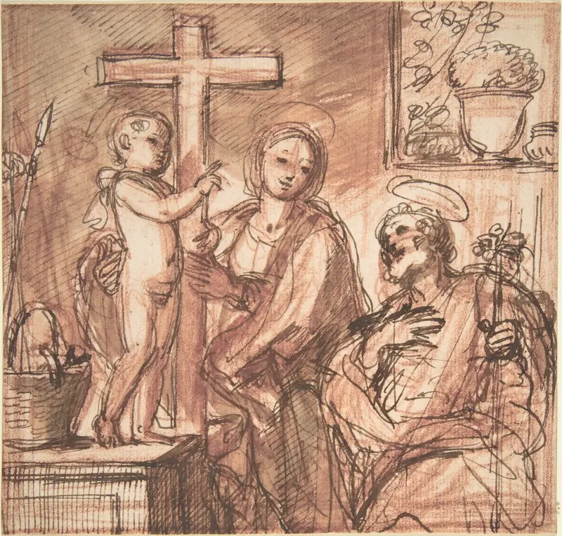 Holy Family in an Interior Wall Art by Anonymous, Italian, Roman-Bolognese, 17th century - High-Resolution Digital Print