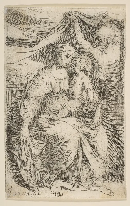 Holy Family with a curtain Wall Art by Simone Cantarini - High-Resolution Digital Print