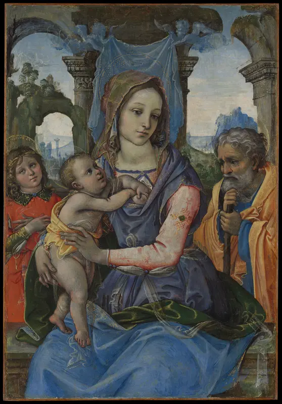 Holy Family with an Angel Wall Art by Raffaellino del Garbo (also known as Raffaelle de' Capponi and Raffaelle de' Carli) - High-Resolution Digital Print