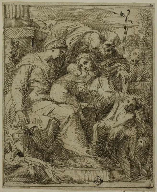Holy Family with Female Saint and Infant Saint John the Baptist Wall Art by Giuseppe Santi - High-Resolution Digital Print