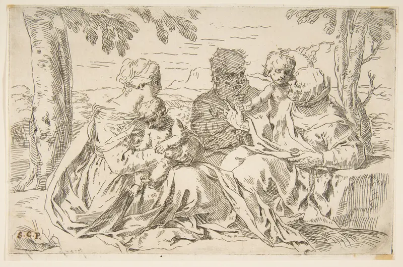Holy Family with Saint Elizabeth and Saint John the Baptist Wall Art by Simone Cantarini - High-Resolution Digital Print